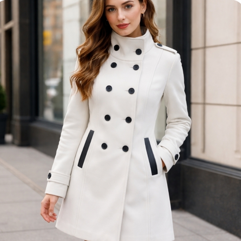 BCX | Luxury White Peacoat Black Trim Tailored High Collar